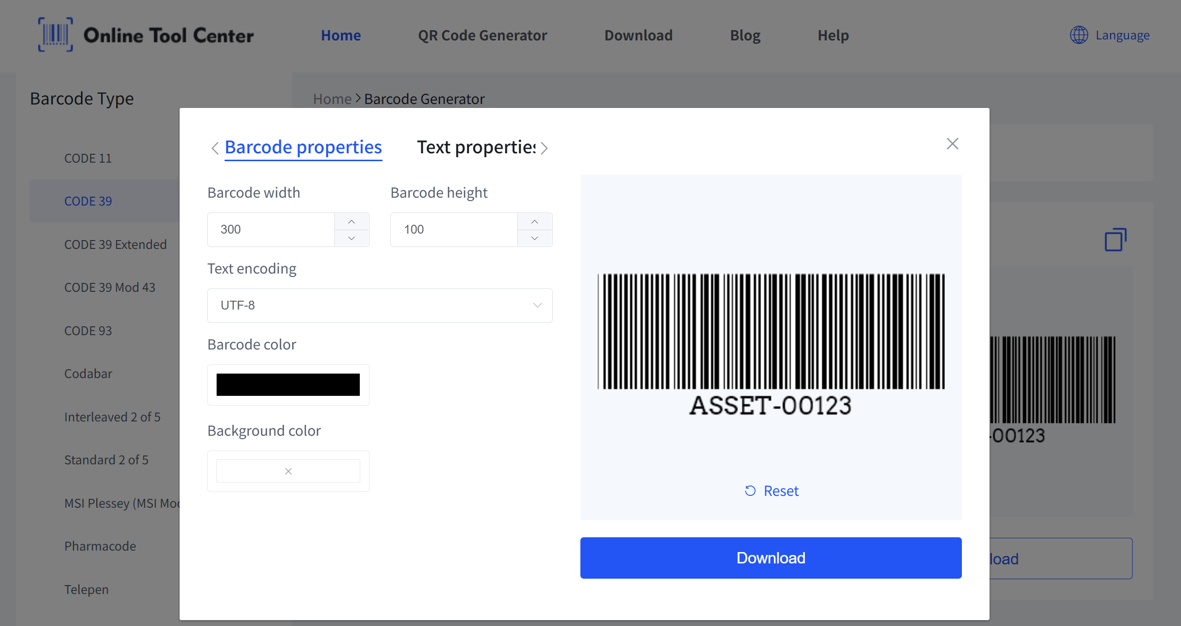 Screenshot of Barcode Properties in OnlineToolCenter