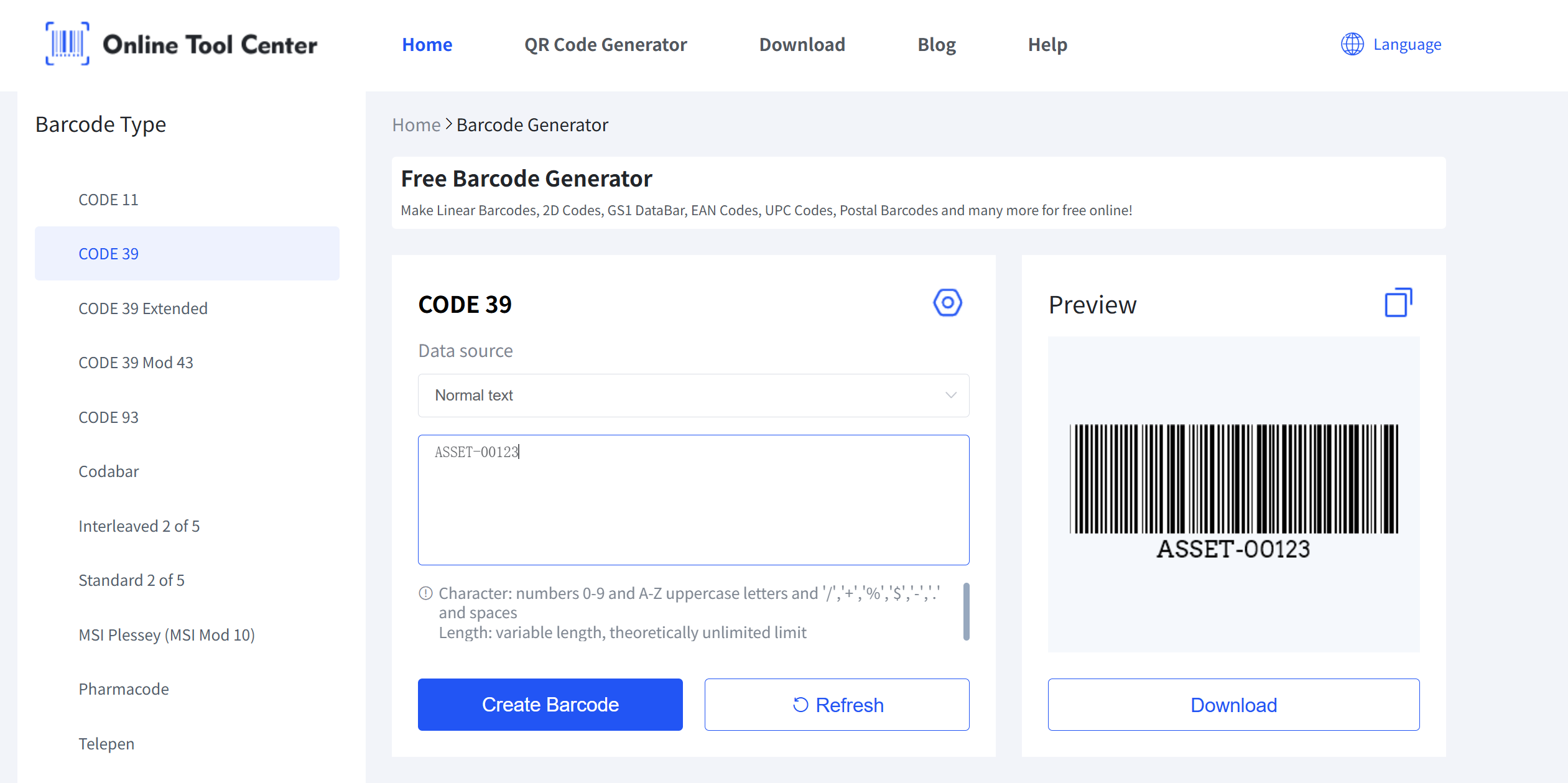Screenshot of OnlineToolCenter Barcode Generator Interface
