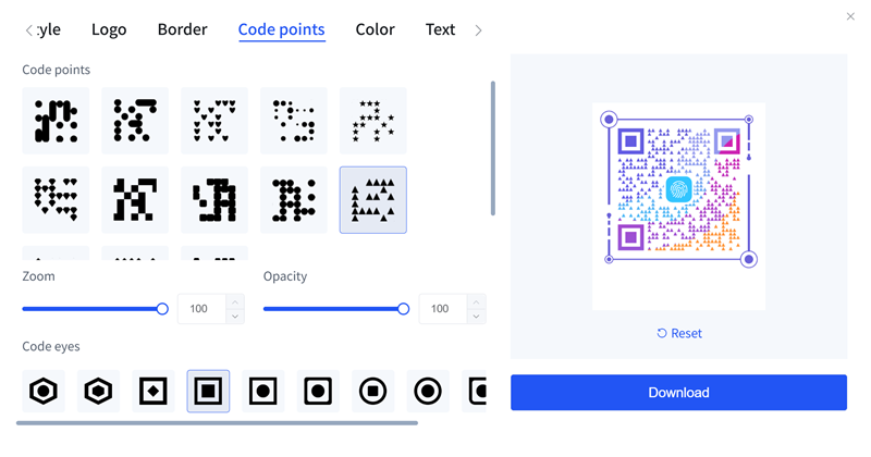 QR code customization interface showing different styles and colors