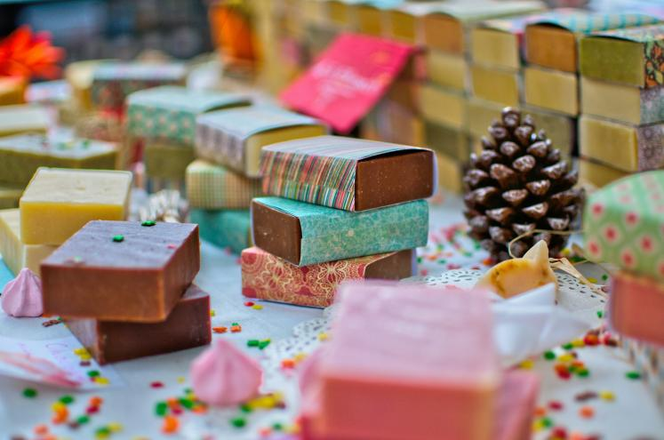 Colorful handmade soap bars stacked
